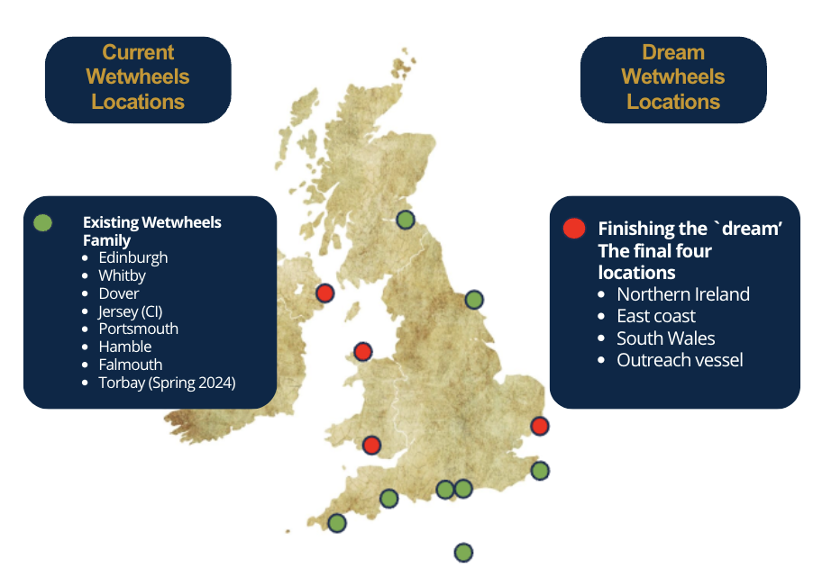Map of UK with green dots on current Wetwheels locations and red dots on dream locations